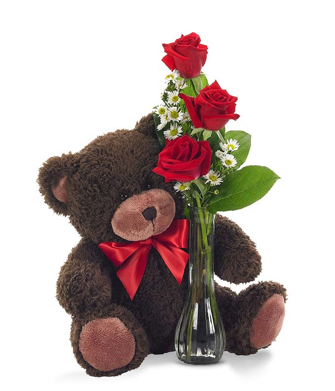 Classic Bud Vase Roses with Bear