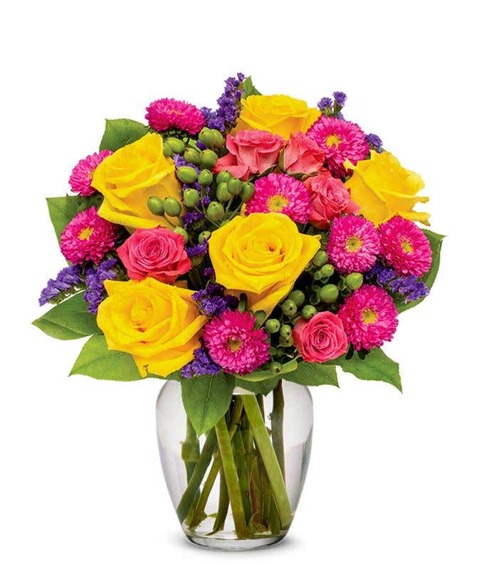 Yellow roses, hot pink roses and asters for delivery