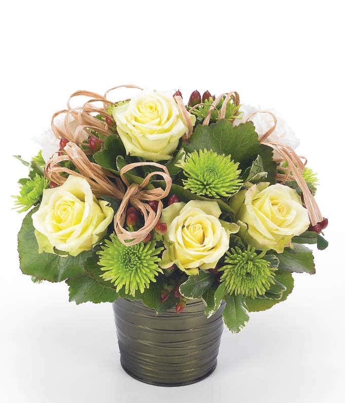 Jade roses, hypericum and green button poms