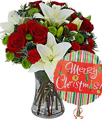 Christmas red roses and white lilies delivered with a Christmas balloon