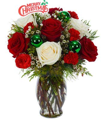 Christmas white and red mixed arrangement with decorative pick