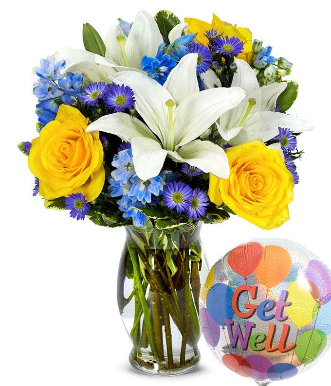 Get well soon balloon with mixed flowers