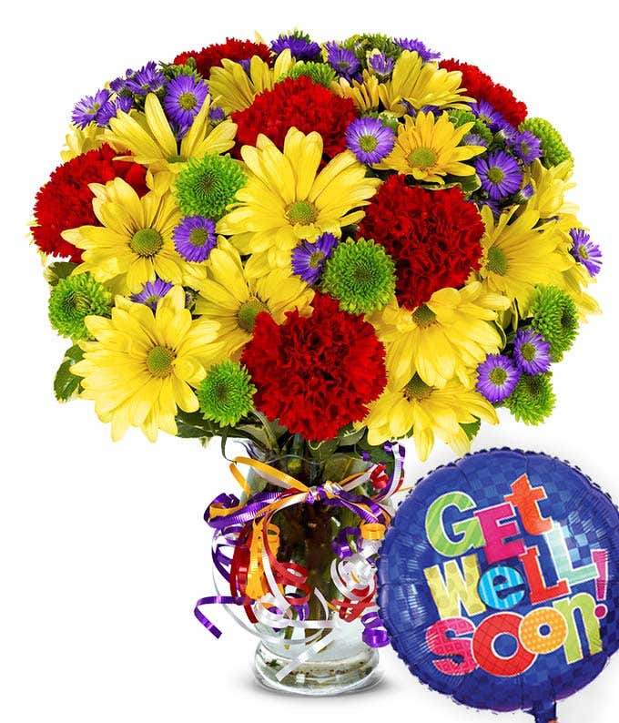 Get well balloon delivered with red and yellow flowers