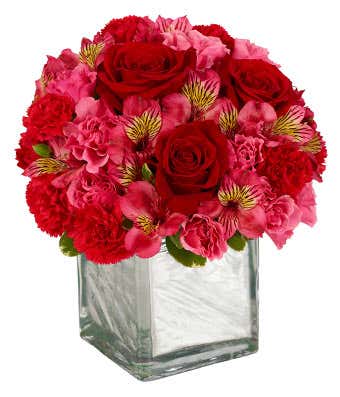 Red roses, pink roses and alstroemeria in a modern square vase