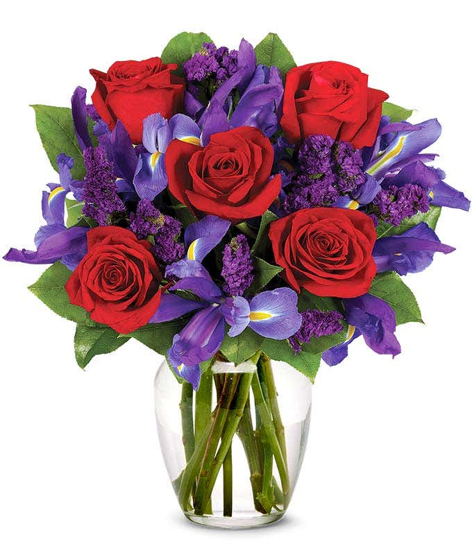 Red roses and blue irises