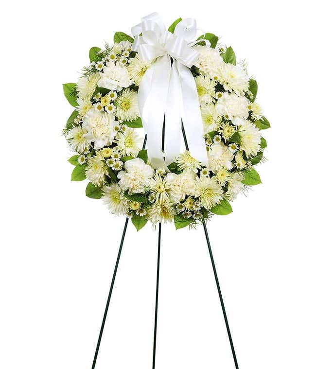 White flower open wreath standing spray 