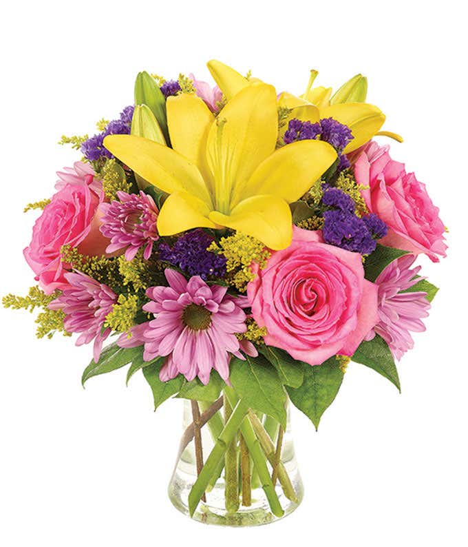 Pink roses, purple daisies and yellow lilies