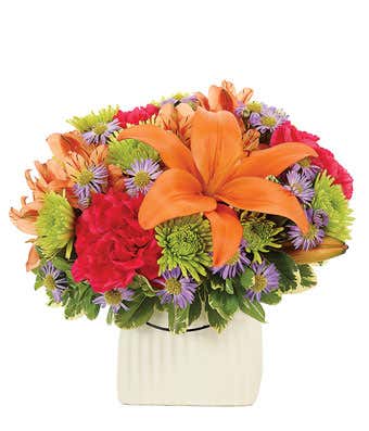 Orange lilies, red carnations and green pom bouquet