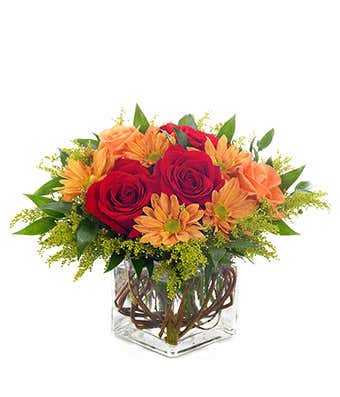 Red roses and orange daisies in a Fall bouquet