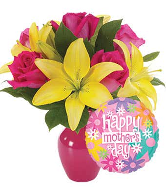 Pink roses and yellow lily bouquet delivered with a Mother's Day balloon 
