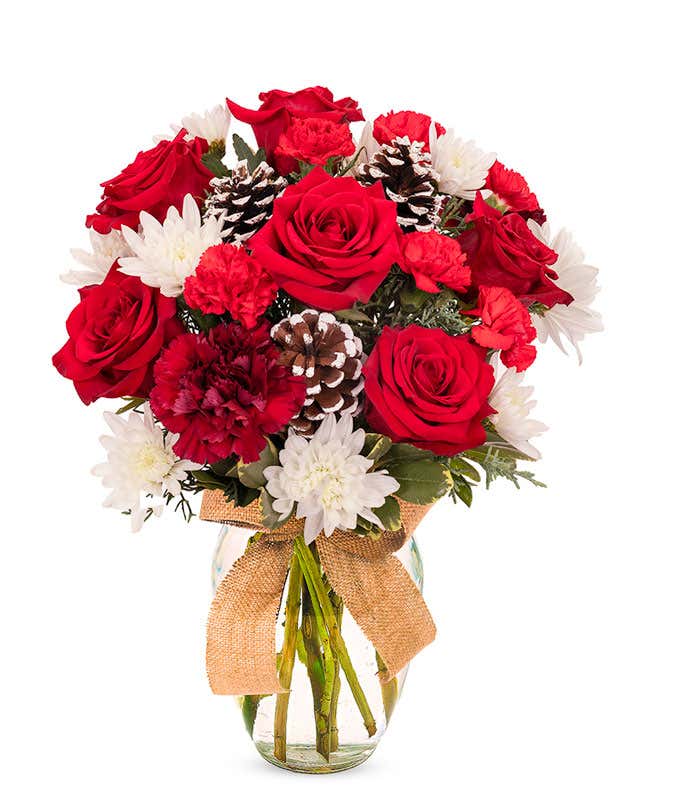 Red roses and carnations arranged with white mums, assorted Christmas greenery, and frosted pinecones, all in a clear vase wrapped with a burlap ribbon.