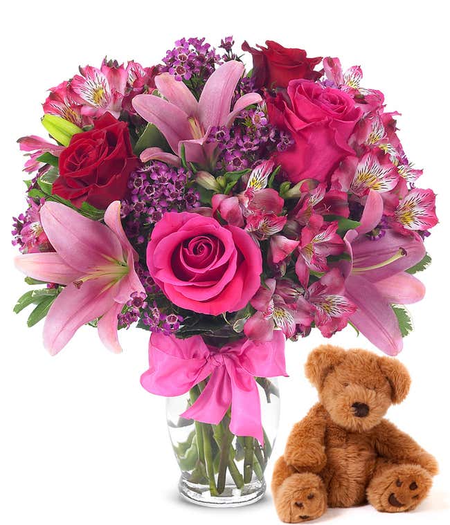 Valentine teddy bear delivered with flowers