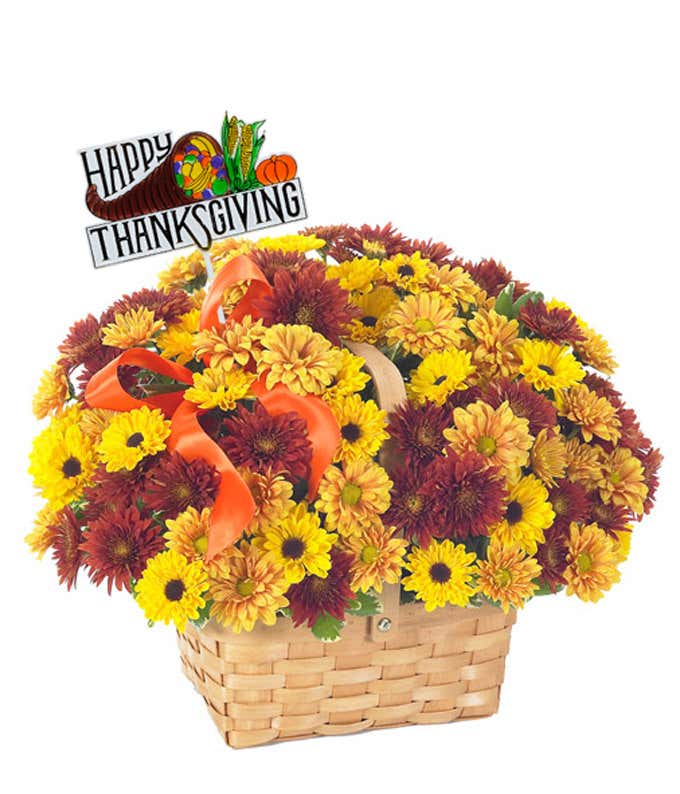 Daisies delivered in a woven basket with a Thanksgiving Pick