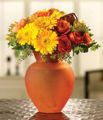 Orange, yellow and red gerbera daisies in a orange vase