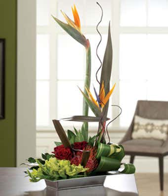 Birds of paradise, red roses and gladiolus in tropical bouquet