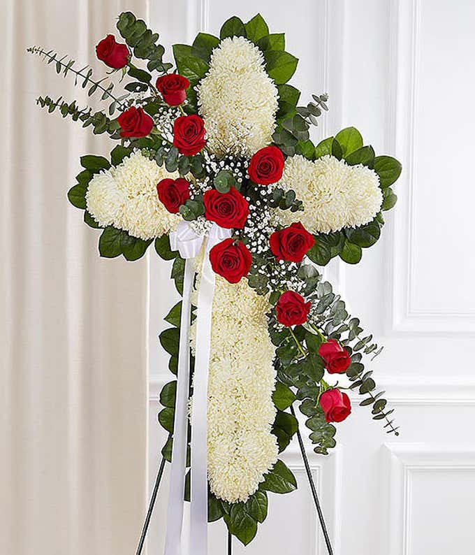 White mums & red roses in cross standing spray
