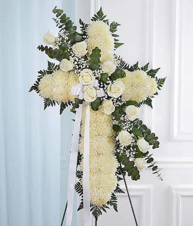 White Standing Cross With White Rose Break