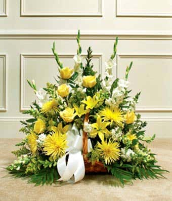 Yellow & White Mixed Fireside Basket with roses and asiatic lilies