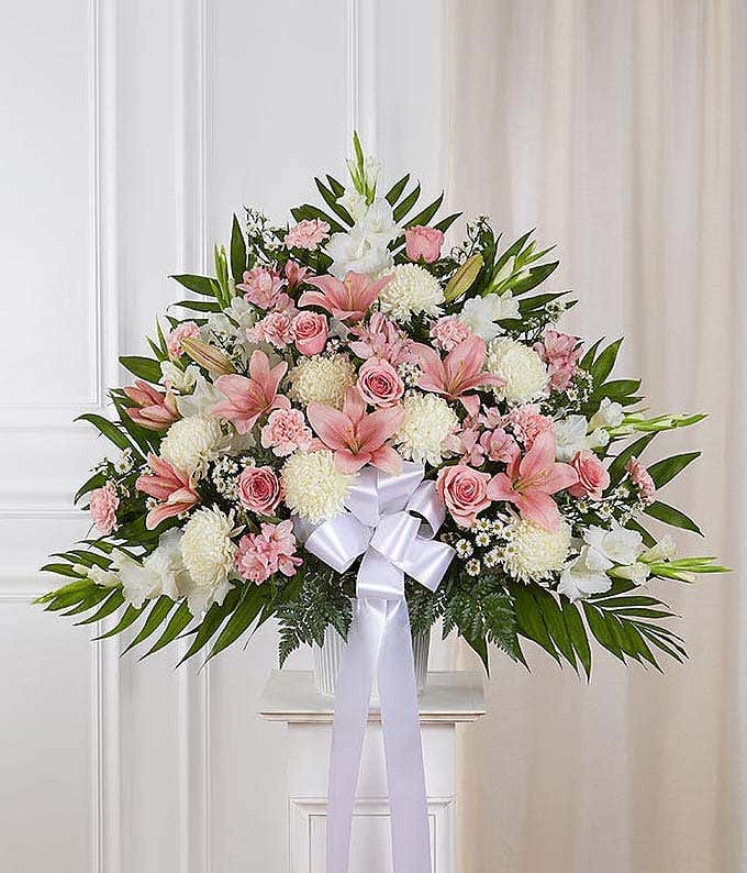 Pink & white sympathy standing basket with roses and lilies