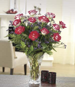 One dozen bi-color roses with Lenox vase