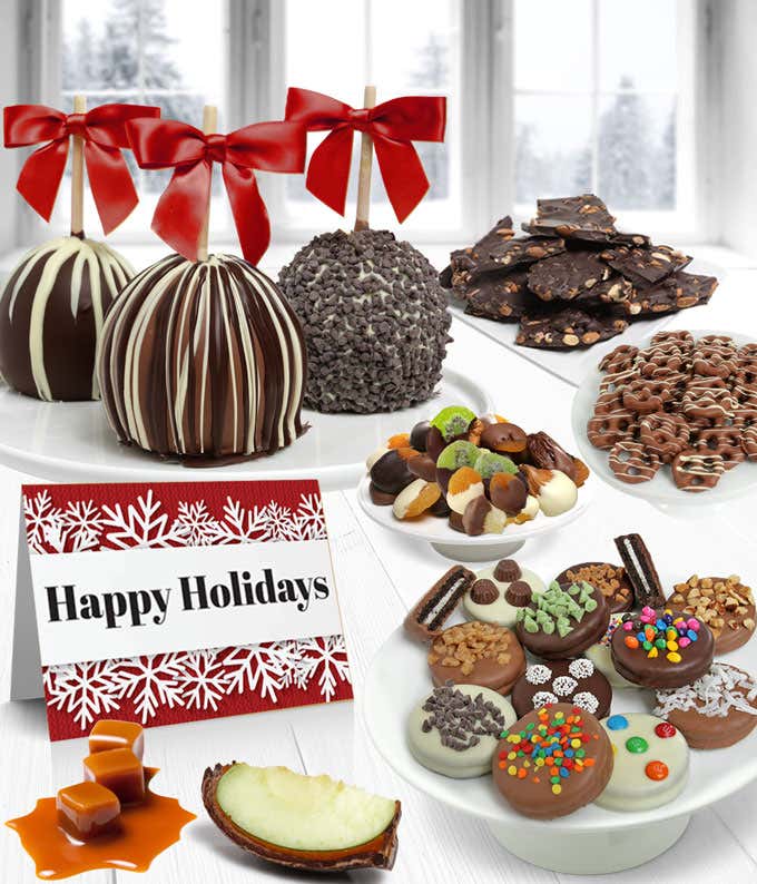 Happy Holidays Belgian Chocolate Covered Fruit Gift Basket