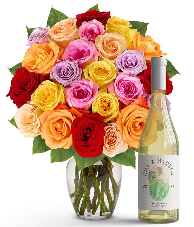 Two Dozen Rainbow Roses with White Wine