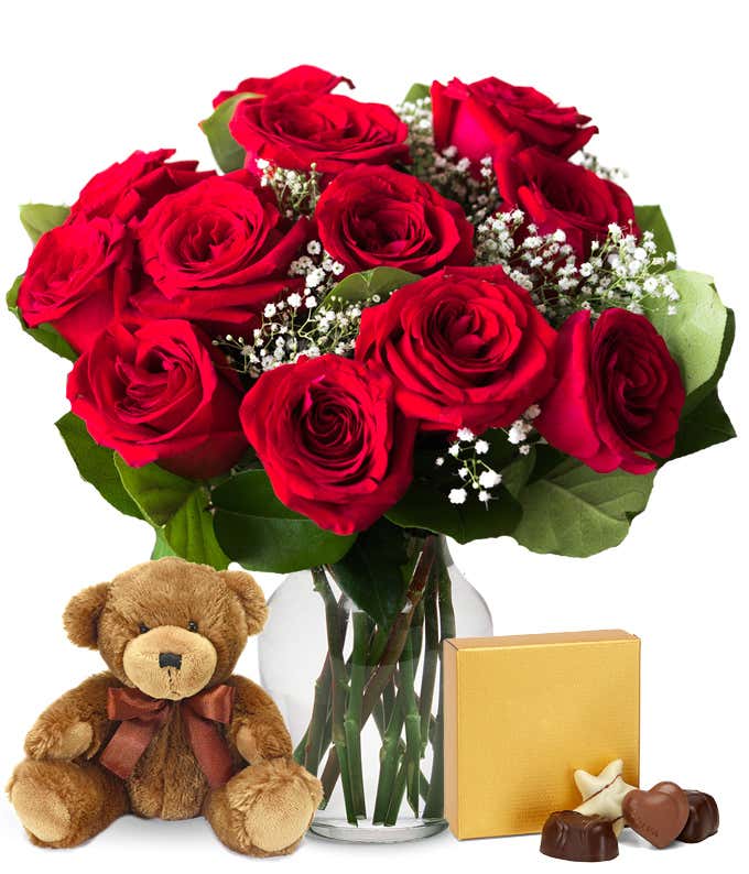 One Dozen Red Roses & Chocolate & Teddy Bear