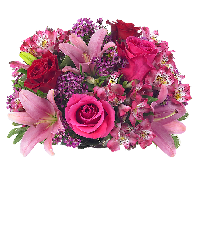 Partial image of Pink asiatic lilies, pink roses and red roses without vase