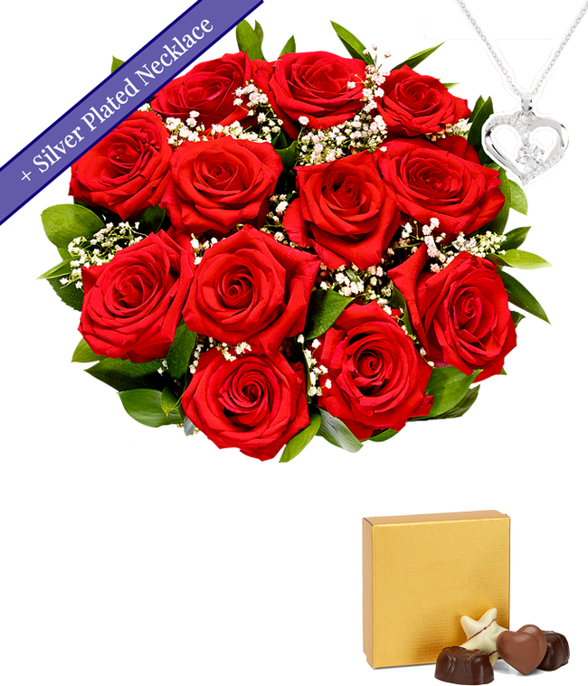 Partial image of One dozen red roses with a silver heart necklace on a chain and a small box of assorted chocolates without vase