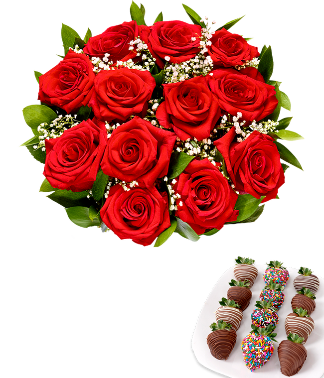 Partial image of One dozen red roses with one dozen chocolate covered strawberries decorated with rainbow sprinkles.  without vase