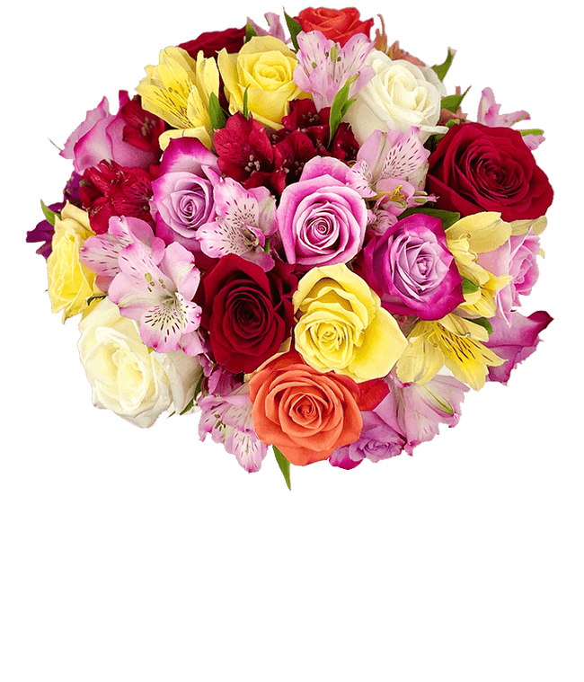 Partial image of Mixed roses and alstroemeria in different colors without vase